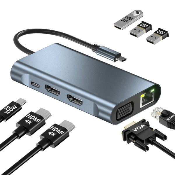 MMOBIEL USB-C to Dual HDMI Hub – 8-in-1 USB-Hub & 100W PD Adapter – Aluminum