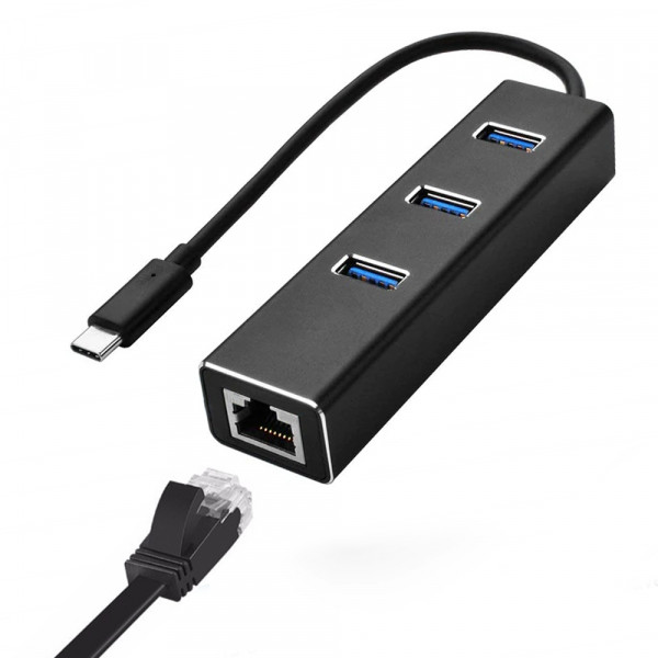 USB Typ C zu Ethernet 100Mbps Adapter RJ45 Dongle und 3 USB Ports 3.0 Data Hub