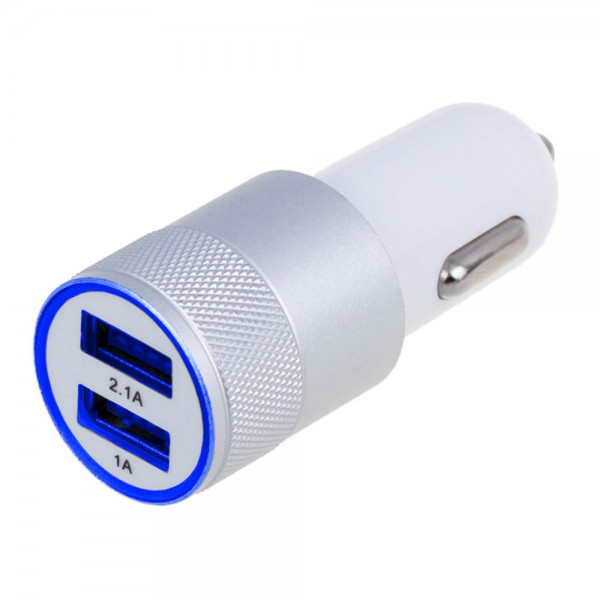 MMOBIEL Universele Autolader (ZILVER) - 2 USB Poorten 5V 1.0 + 2.1A - inclusief Blauwe LED