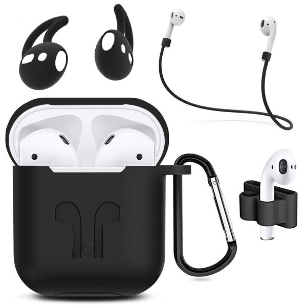 Silicone Shockproof Case for AirPods 1 and 2 Cover 6 in 1 Set (Black)