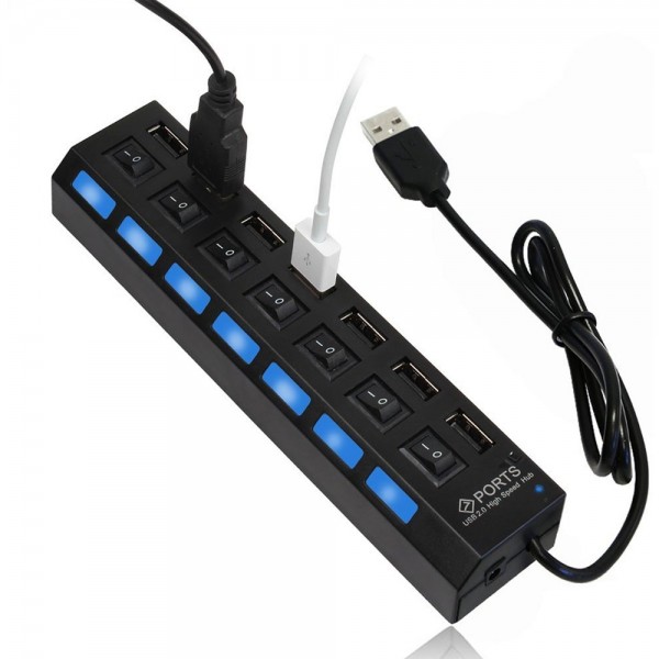 High Speed ​​7 Ports 2.0 USB-Hub Multi-Ladeadapter mit Ein / Aus-Taste + LED