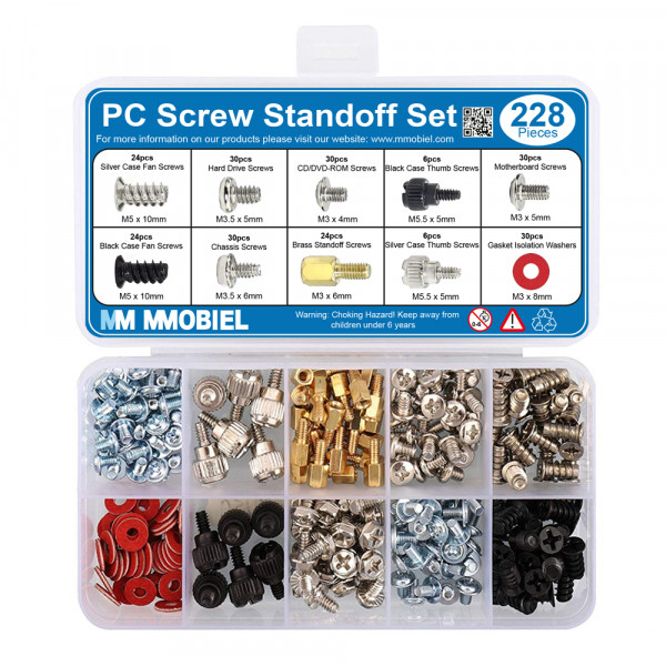 185-Pieces Computer Screws Kit PCB Motherboard Brass Standoff Hexagonal Spacer Insulating Pad PC Mounting Screw Nut Assortment Set