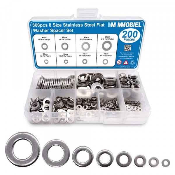 360pcs 8 Size Stainless Steel Flat Washer Spacer Set Assortment Kit of Screws