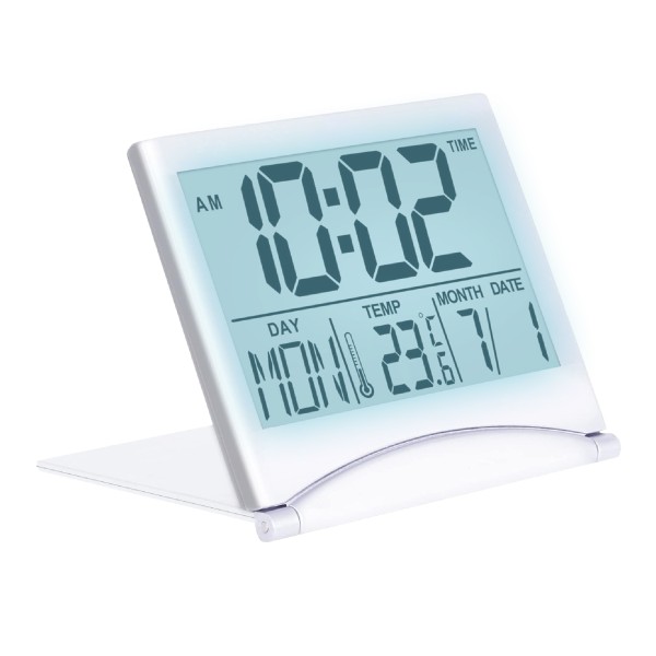 MMOBIEL Digitale Klok LCD Reiswekker Opvouwbaar met Achtergrondverlichting – Bureau Klok Wekker Digitaal met Temperatuur en Datum – Wekker Digitaal Klokje – Digitale Klok op Batterijen incl. – Zilver