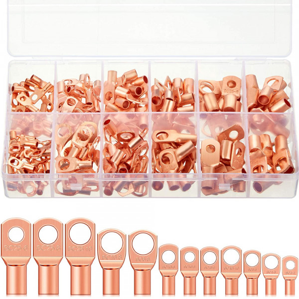 170 Pcs Assortment Copper Battery Cable Ends Heavy Duty Wire Lugs Connector Set