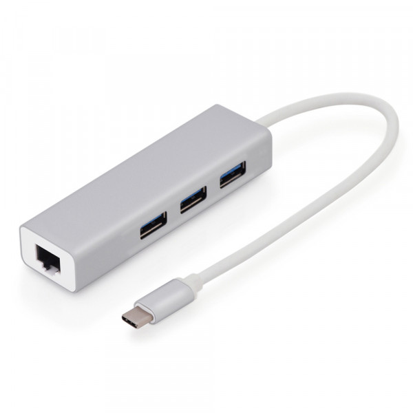 USB Type C to Ethernet Adapter RJ45 Dongle 3 USB Ports 3.0 Data Hub - Silver